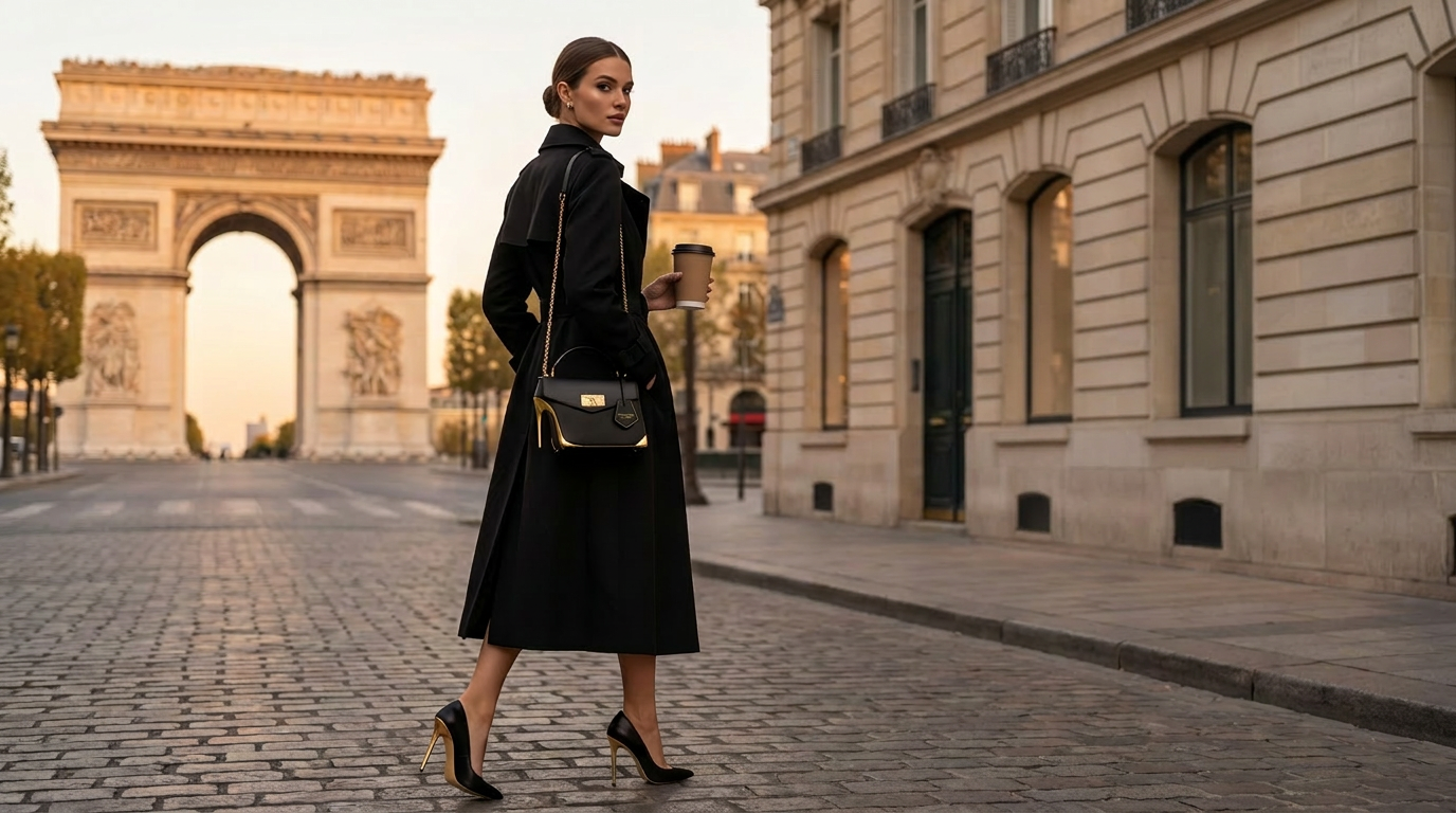 Femme parisienne portant le Stiletta Palm devant l'Arc de Triomphe